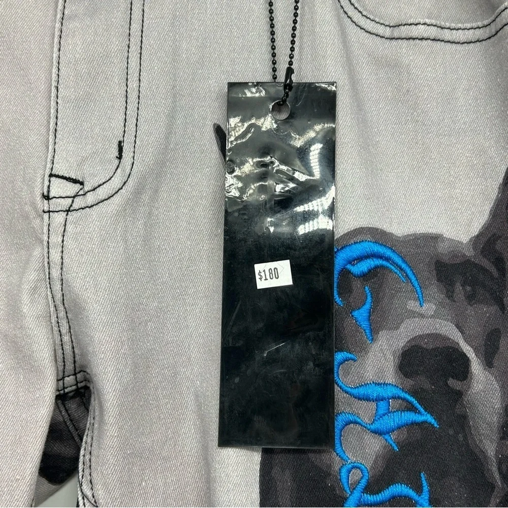 Gala Jeans NWT $180 Doberman Dog Graphic Gothic Blue Script Streetwear Sz W36 - Picture 13 of 16